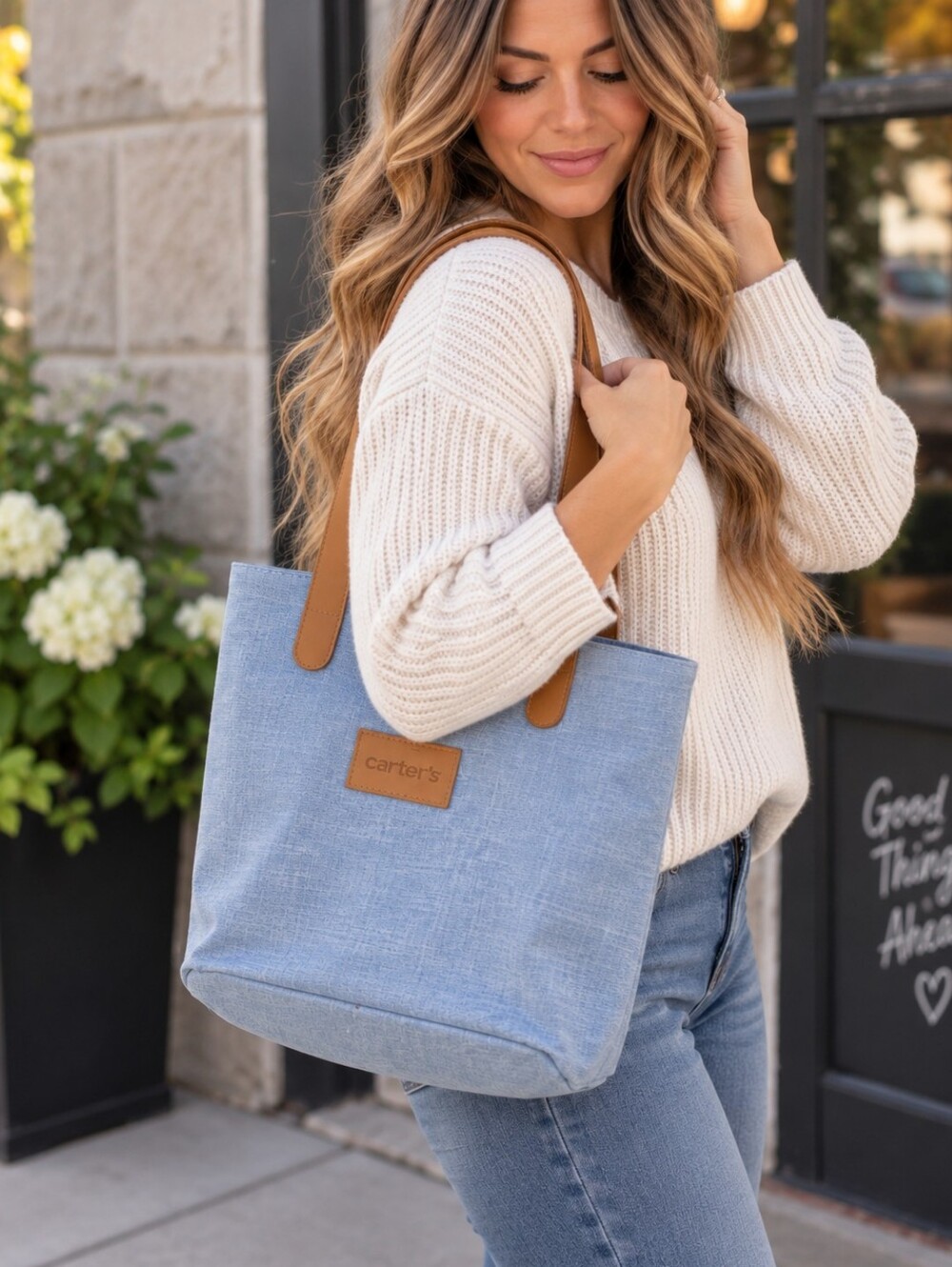 Carter’s Light Blue Tote Bag Tan Handles Casual Everyday Shopper